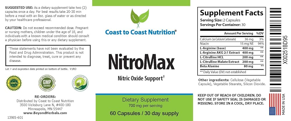 Coast to Coast Nutrition NitroMax L-Arginine Supplement - 60 Capsules - image 6