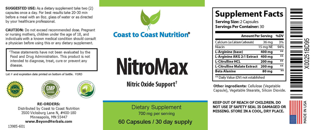 Coast to Coast Nutrition NitroMax L-Arginine Supplement - 60 Capsules - image 6