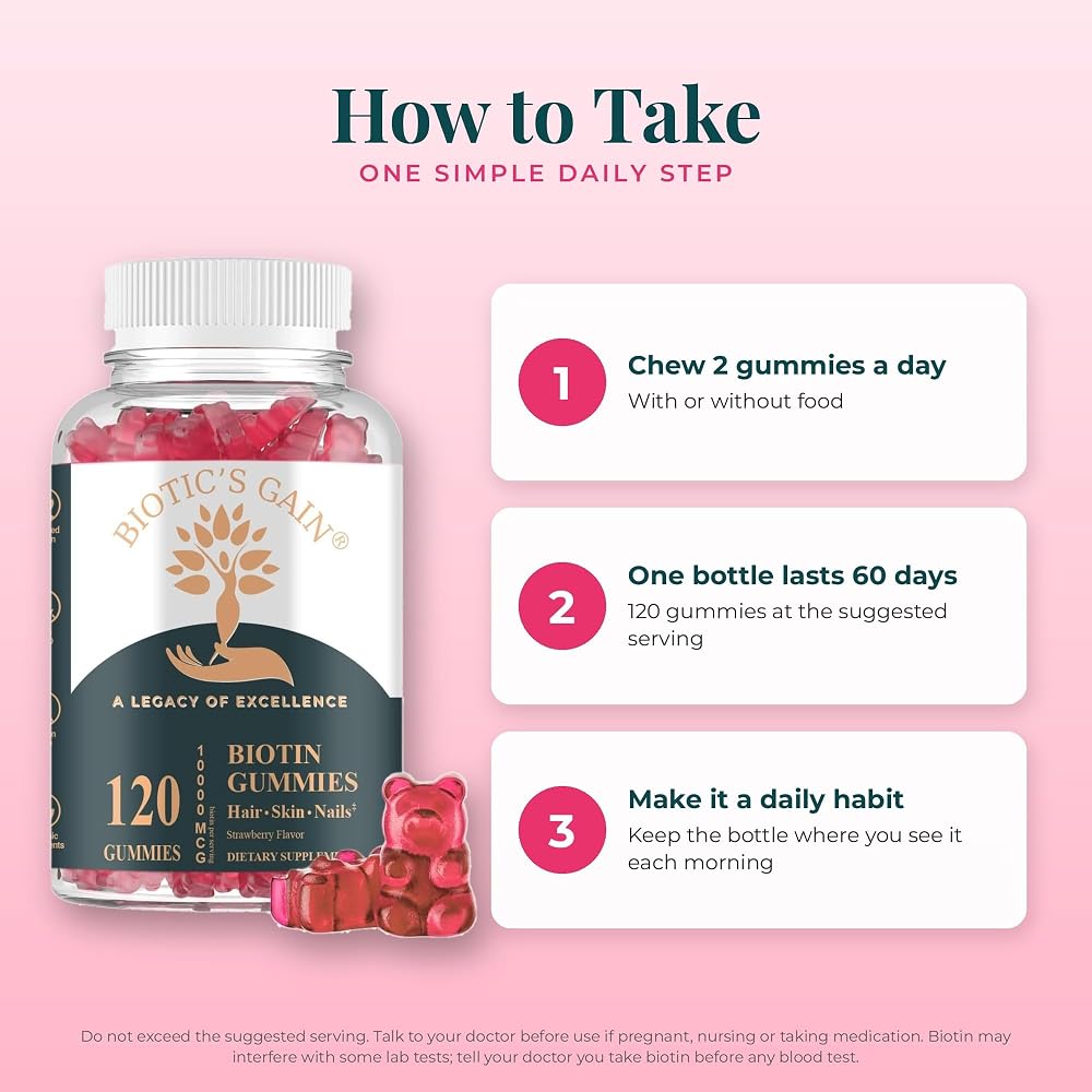 Biotic's Gain Biotin Gummies 10000mcg Hair Skin Nails - 120 Count - image 7