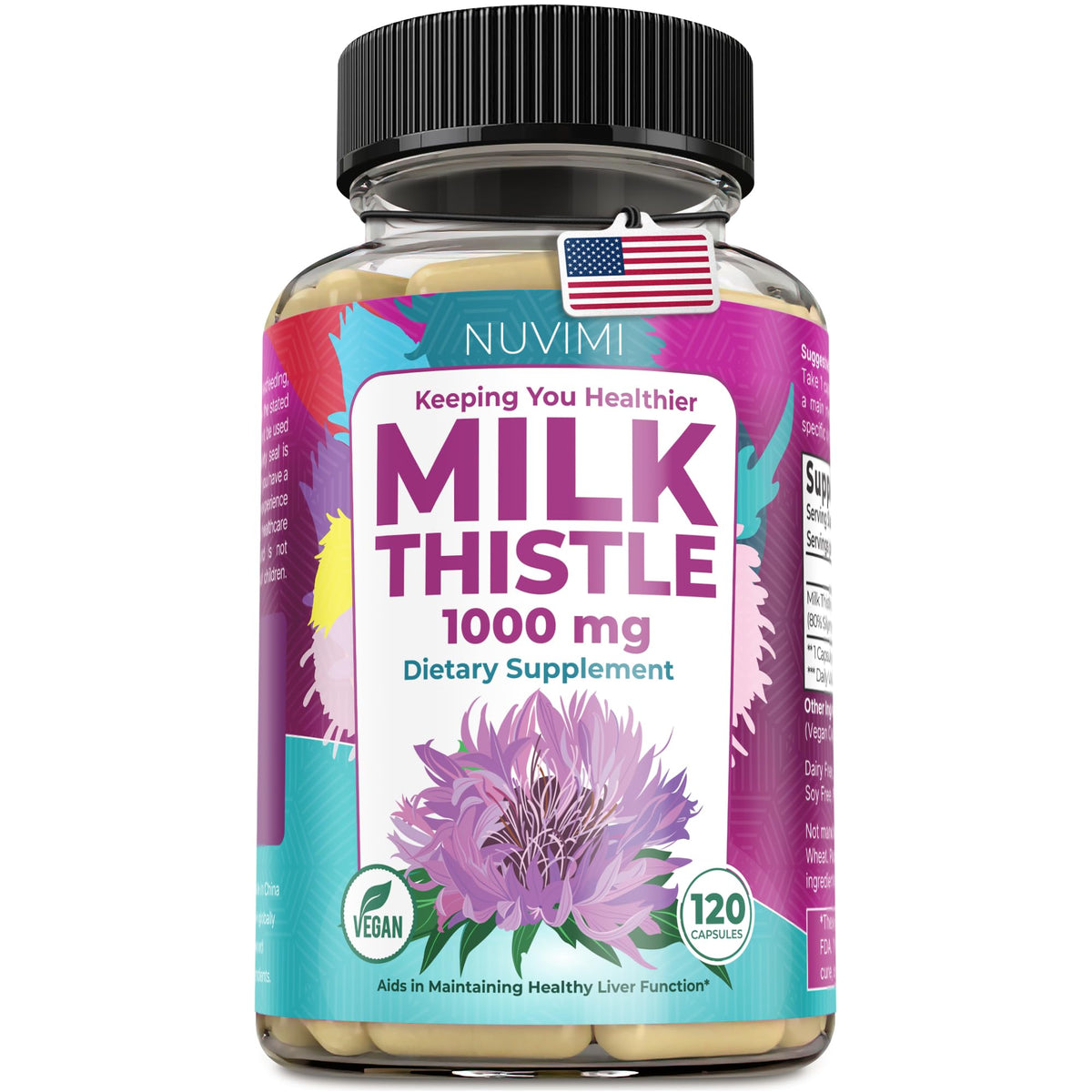 NUVIMI Milk Thistle 1000 mg 80% Silymarin Extract - 120 Vegan Capsules