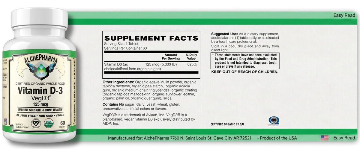 AlchePharma Vitamin D3 5000 IU Organic Algae Vegan - 60 Tablets - image 3