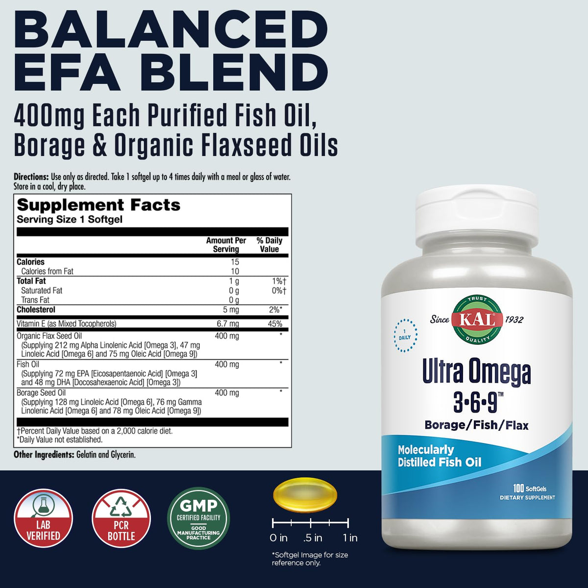 KAL Ultra Omega 3-6-9 1200mg Fish Oil with Flaxseed - 100 Softgels - image 2