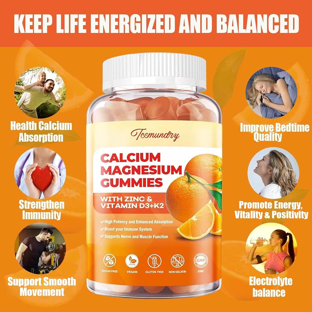 Tcemundry Calcium Magnesium Zinc Gummies with Vitamin D3 & K2 - High
