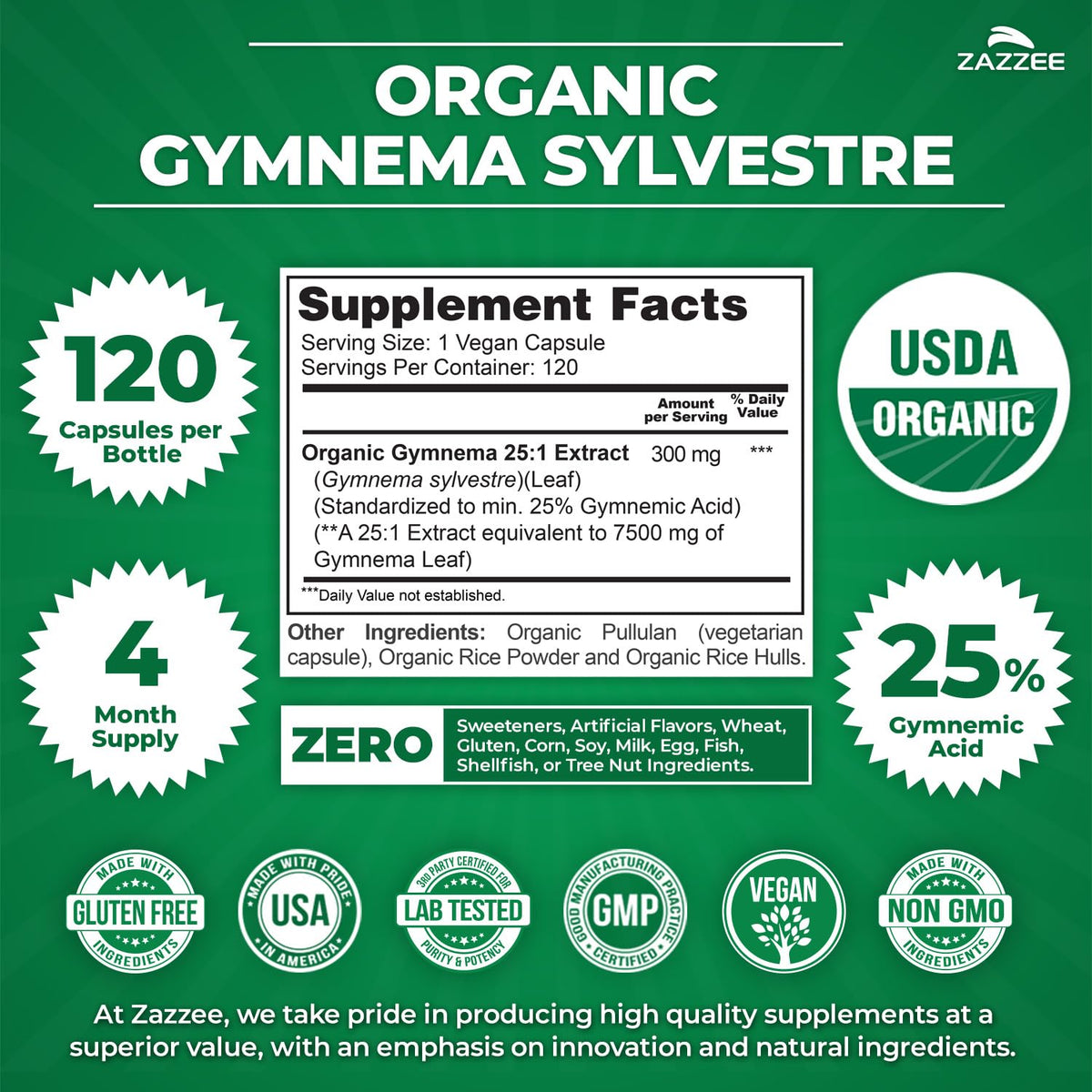 Zazzee USDA Organic Gymnema Sylvestre 25:1 Extract - 120 Capsules - image 3