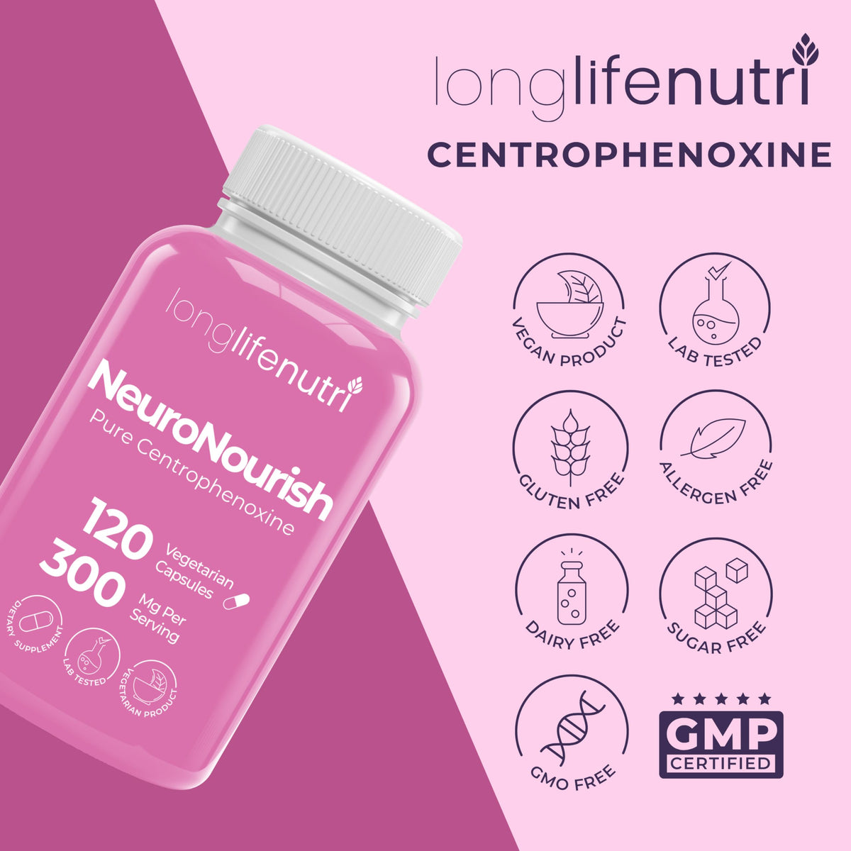 LongLifeNutri NeuroNourish Centrophenoxine 300mg - 120 Vegetarian Capsules - image 7