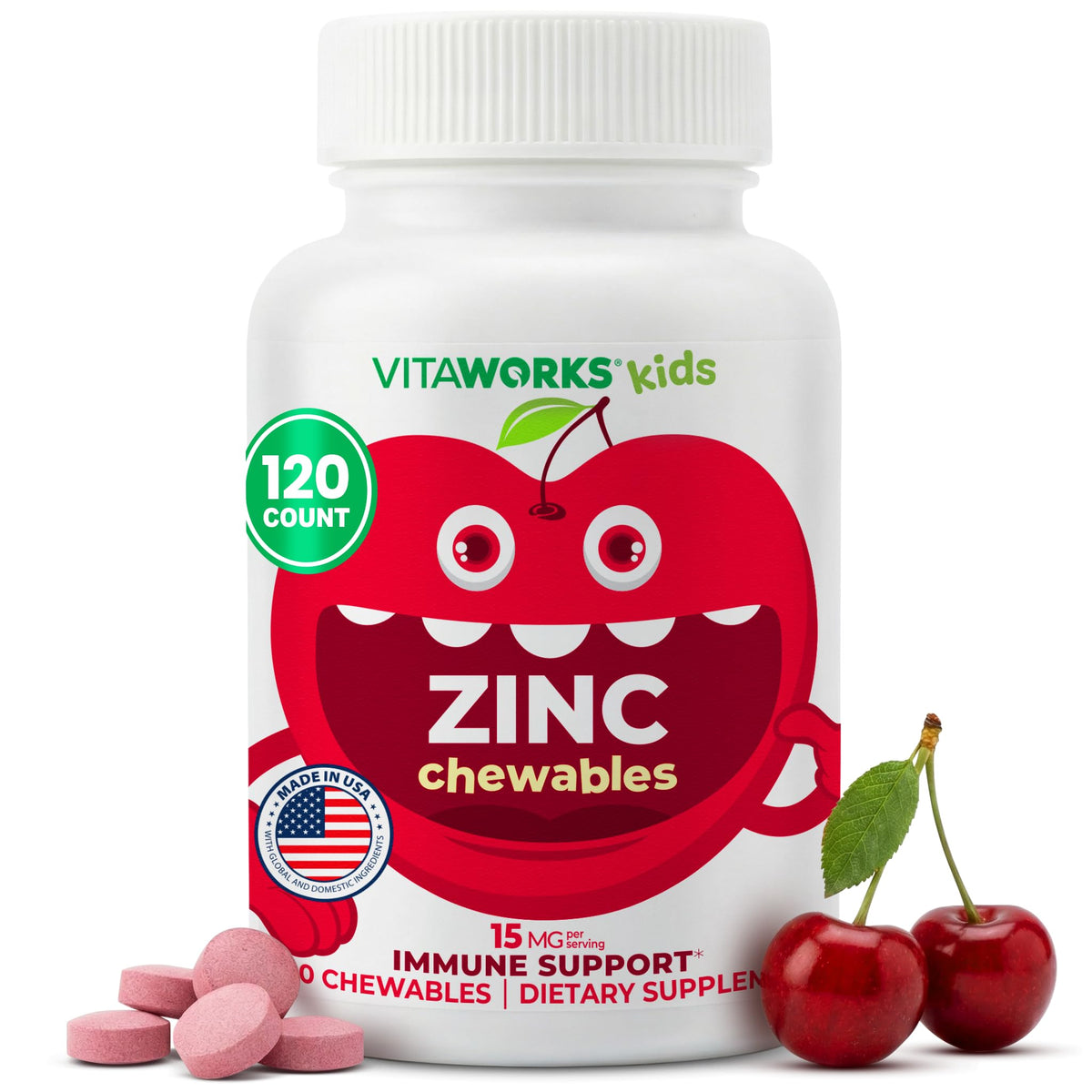 VitaWorks Zinc for Kids 15mg Chewable Tablets - 120 Count