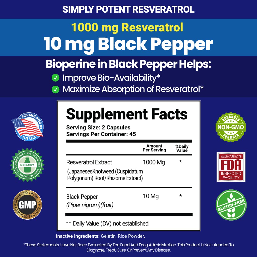 Simply Potent Resveratrol 1000mg Antioxidant Capsules - 90 Count - image 2