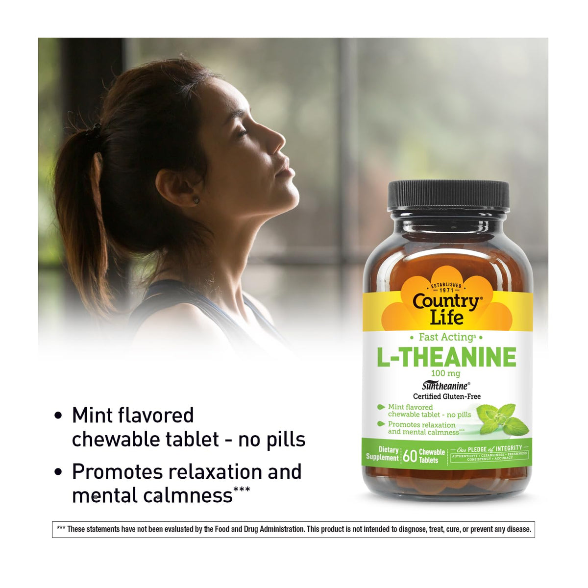 Country Life Fast Acting L-Theanine 100 mg Mint Chewables - 60 Tablets - image 2