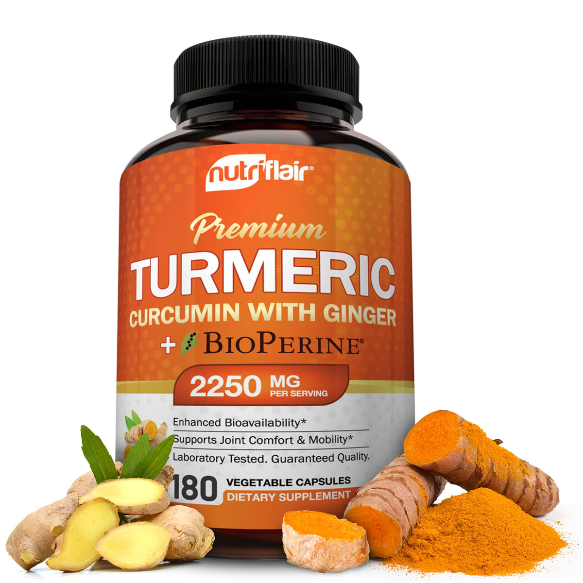 NutriFlair Turmeric Curcumin 2250mg with Ginger & BioPerine - 180 Capsules