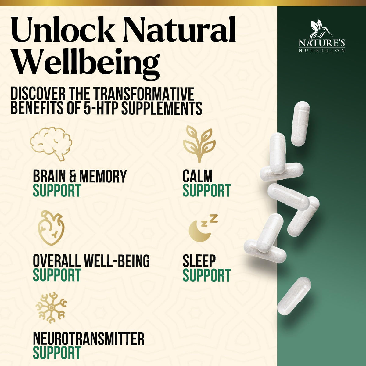 Nature's Nutrition 5HTP 200mg per Serving Capsules - 5 HTP Supplement