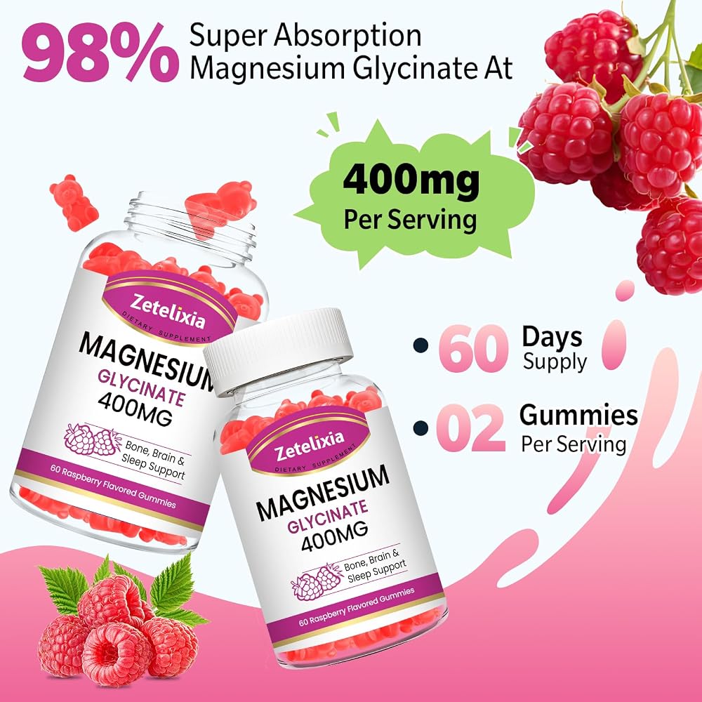 Zetelixia Magnesium Glycinate Gummies, Raspberry Flavor, 60 Count