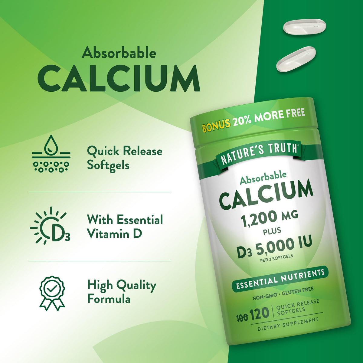 Nature's Truth Absorbable Calcium 1200 mg with Vitamin D3 - 120 Softgels - image 5