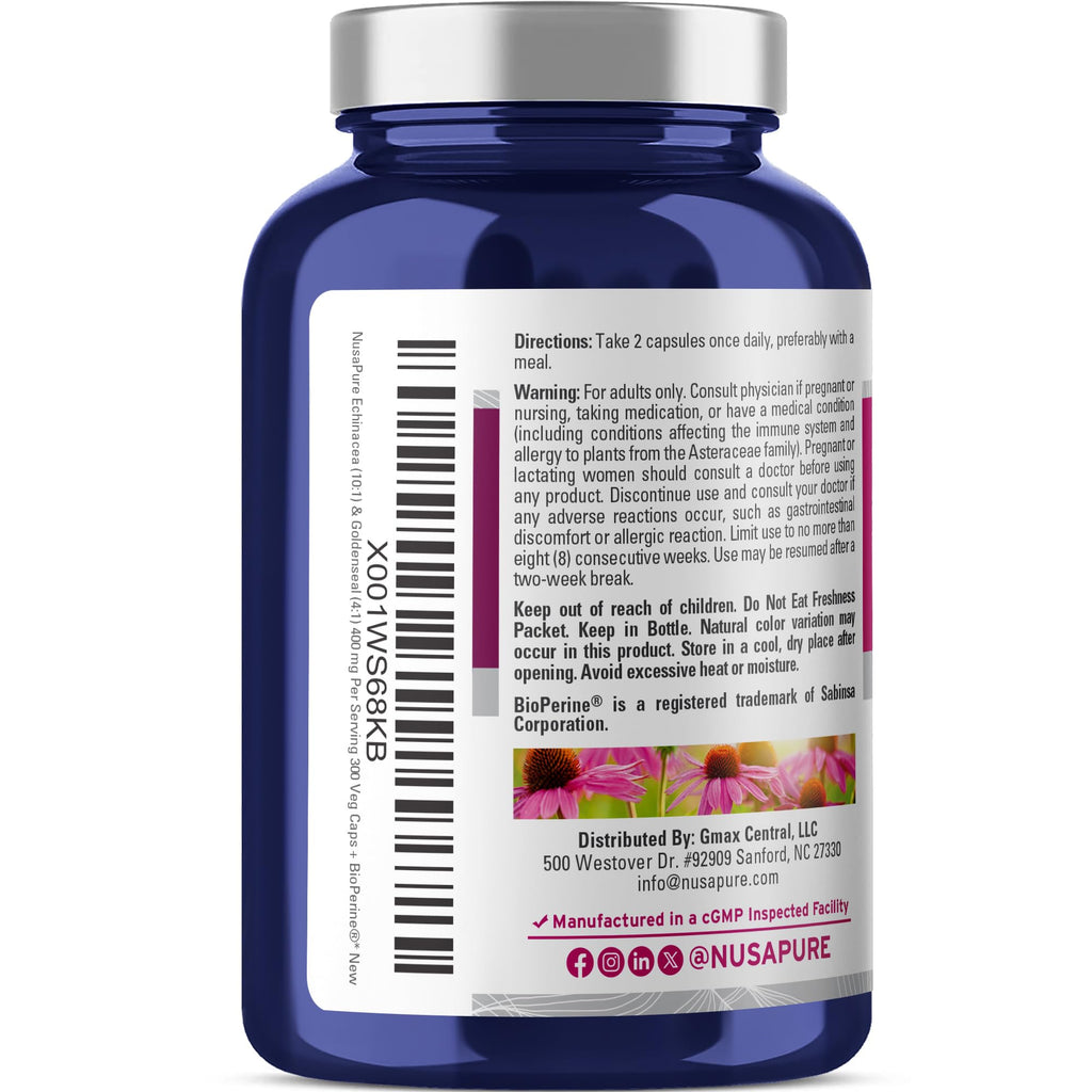 NusaPure Echinacea Goldenseal 400mg Vegan - 300 Vegetarian Capsules - image 3