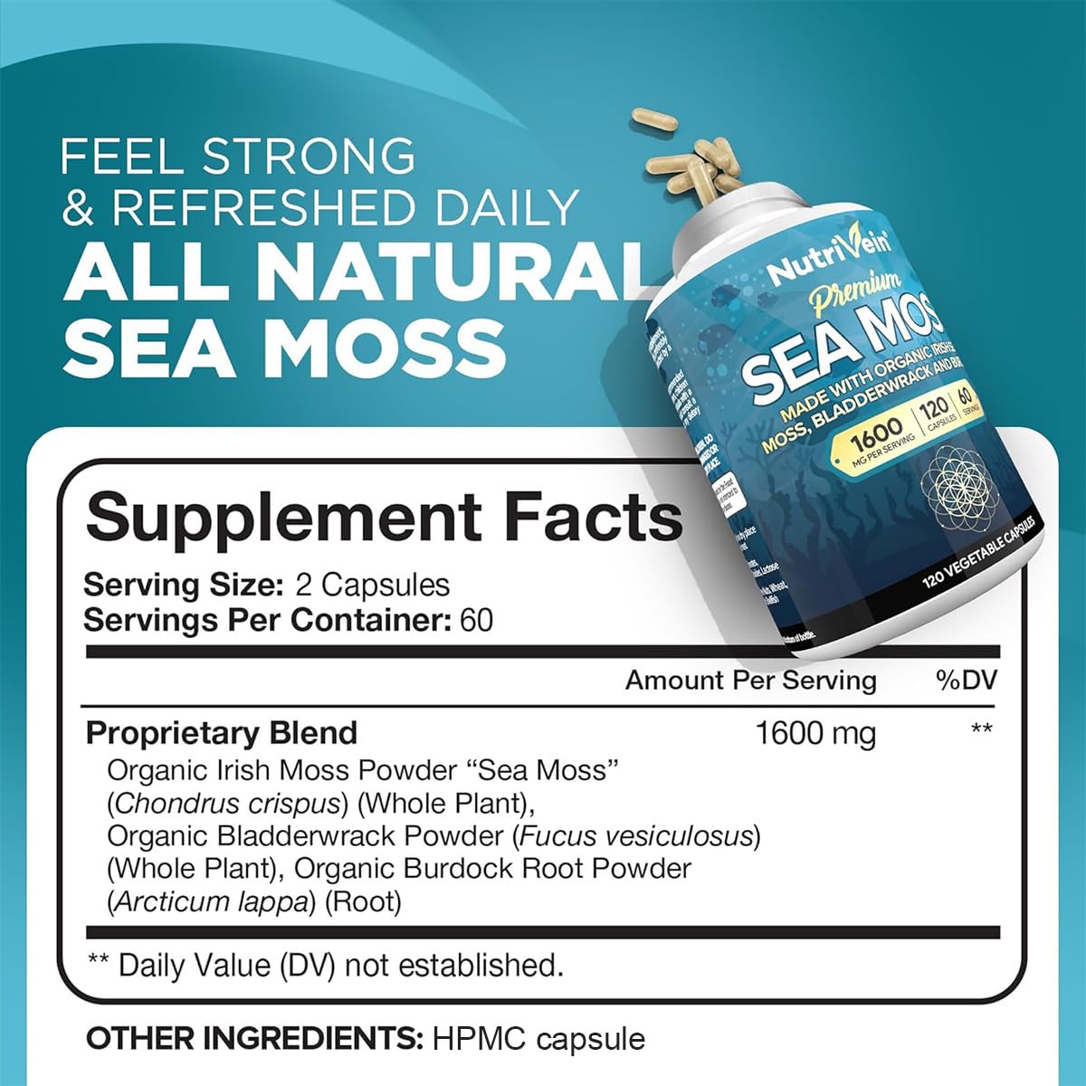 Nutrivein Premium Organic Irish Sea Moss Capsules 1600mg - 120 Vegan Caps - image 2
