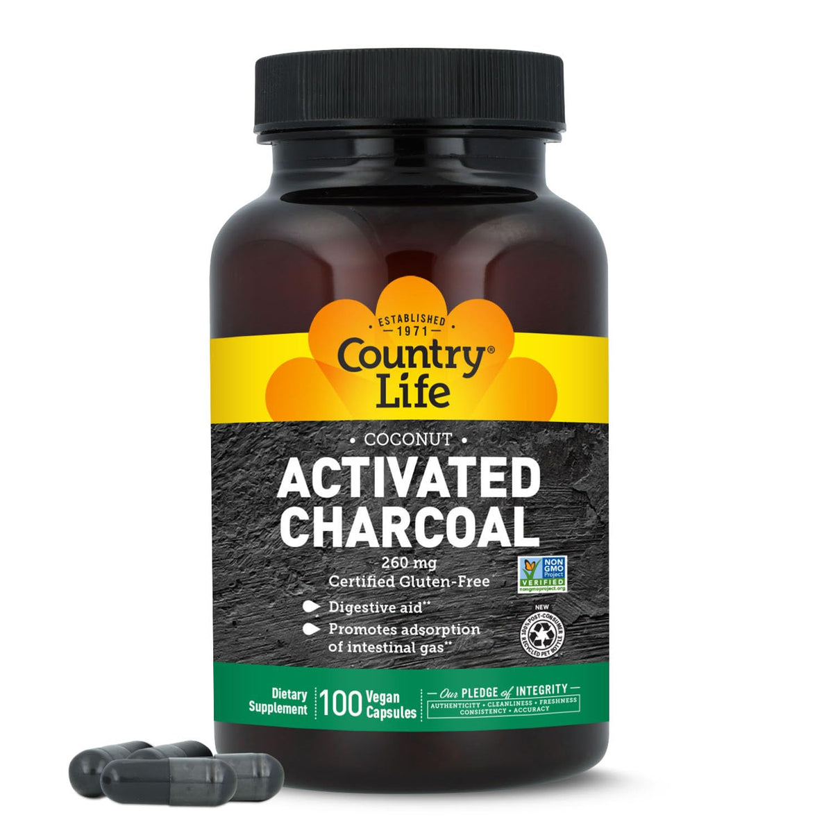 Country Life Coconut Activated Charcoal 260 mg - 100 Vegan Capsules