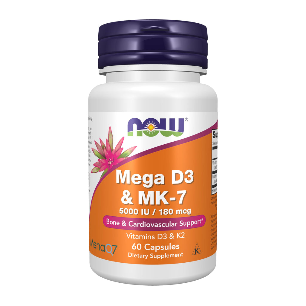 NOW Mega D-3 & MK-7 Vitamin D3 & K2 Bone Support - 60 Vegetarian Capsules
