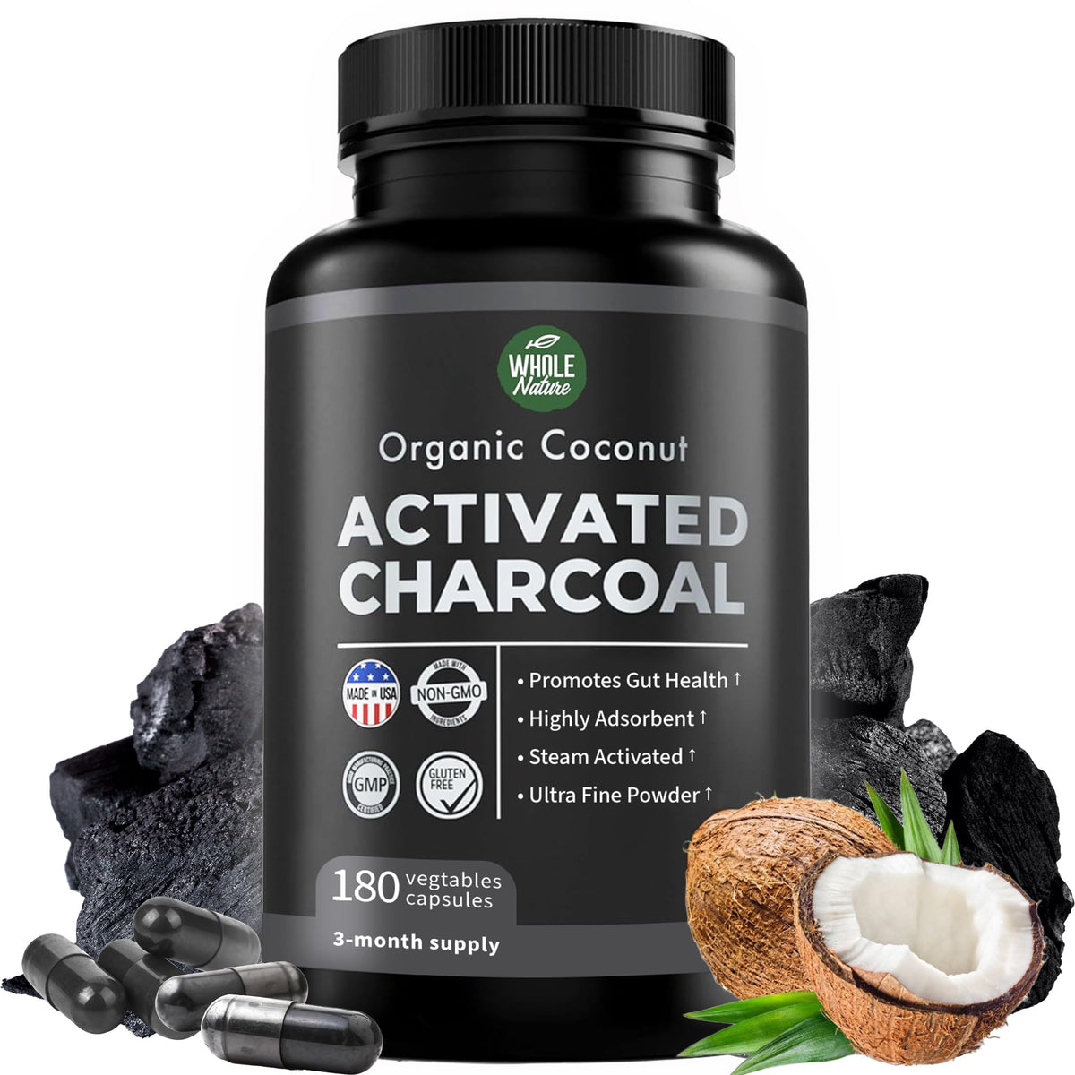 Whole Nature Activated Charcoal Capsules - 180 Capsules