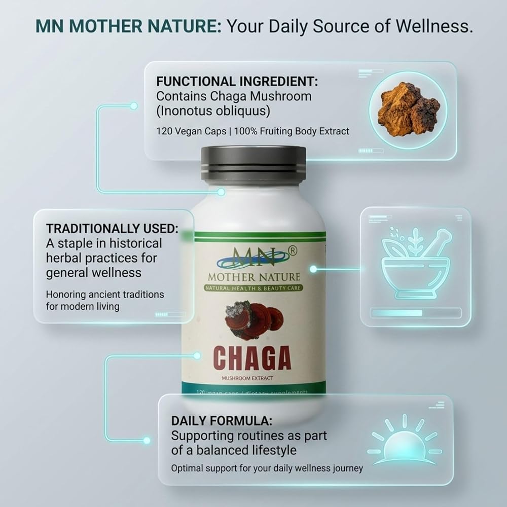 MN Mother Nature Chaga Mushroom Extract 1000mg - 120 Vegan Capsules - image 4