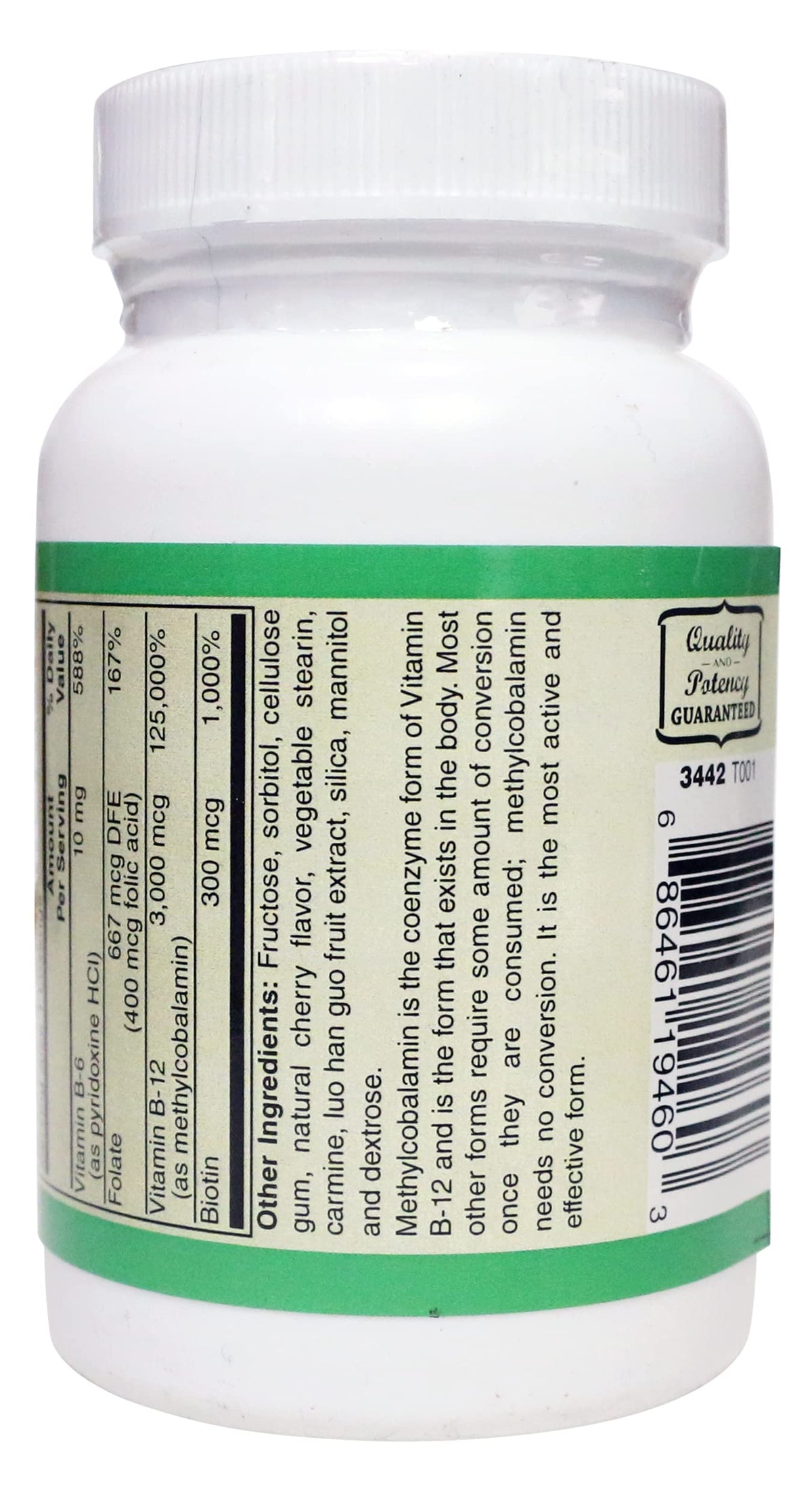 AlchePharma Methyl B-12, 3,000mcg w/Folic Acid Biotin and B-6 Lozenges