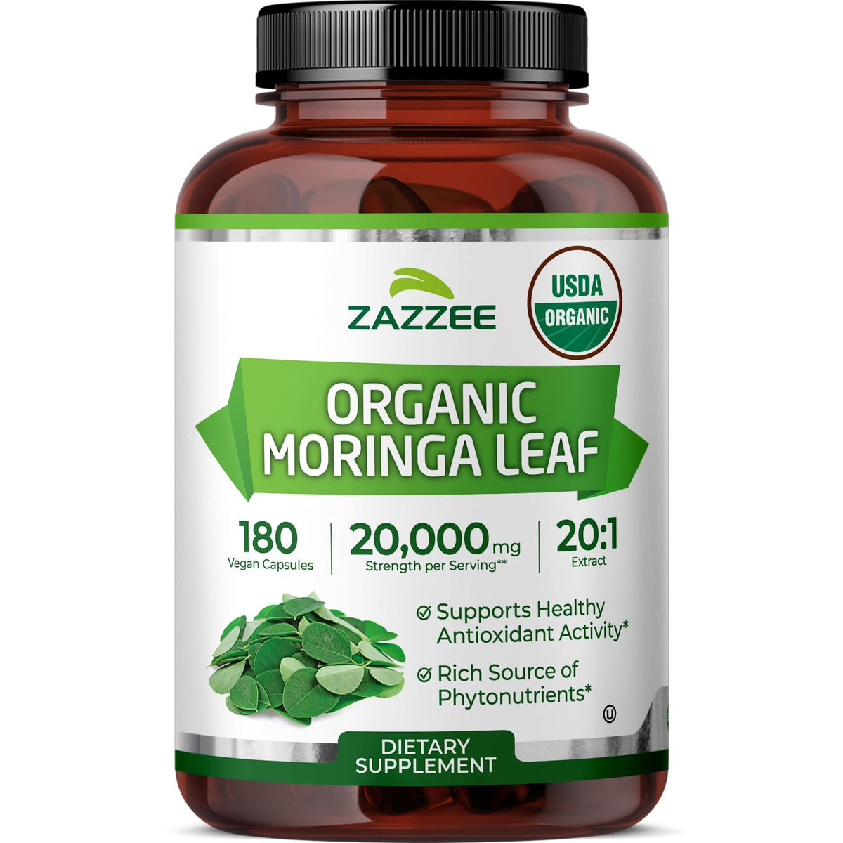 Zazzee USDA Organic Moringa Leaf 20:1 Extract - 180 Capsules