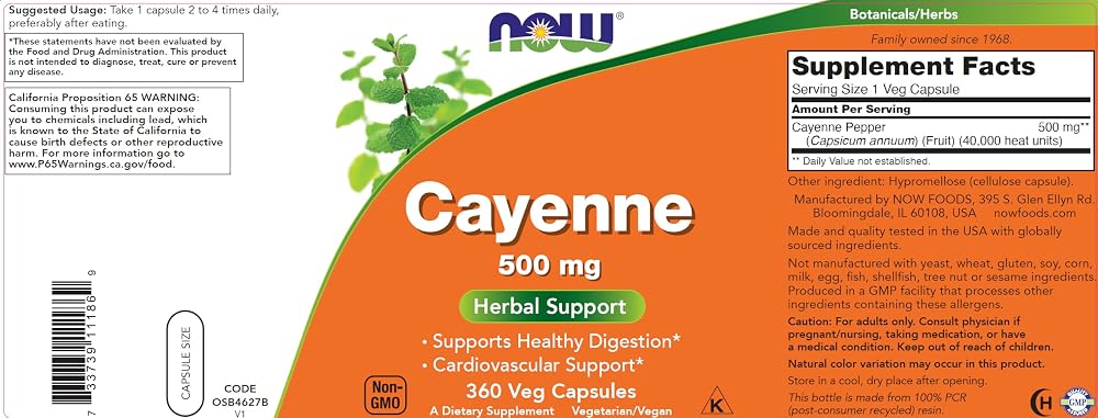 Now Supplements, Cayenne (Capsicum annuum) 500 mg, Herbal Support