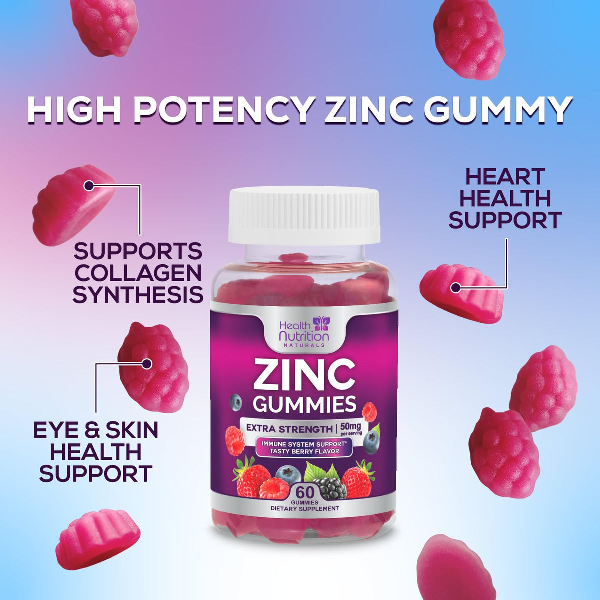 Health Nutrition Naturals Zinc Gummies 50mg Immune Support - 60 Gummies - image 7