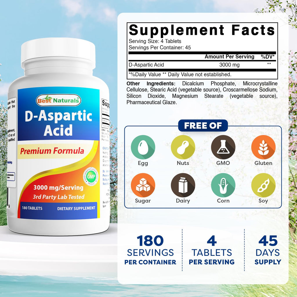 Best Naturals D-Aspartic Acid 3000mg - 180 Tablets - image 2