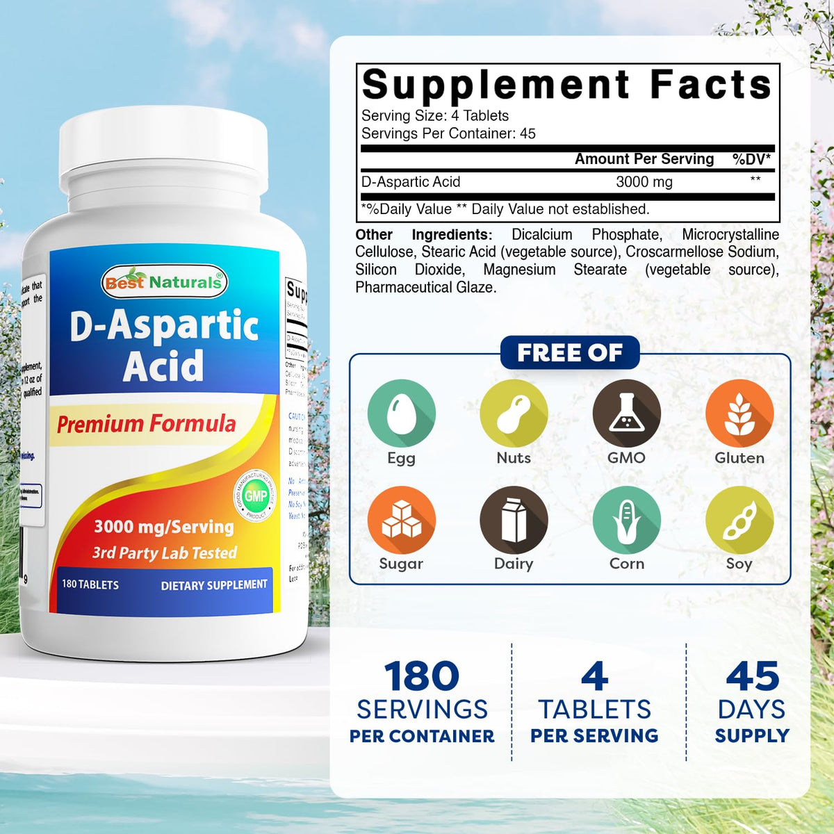 Best Naturals D-Aspartic Acid 3000mg - 180 Tablets - image 2