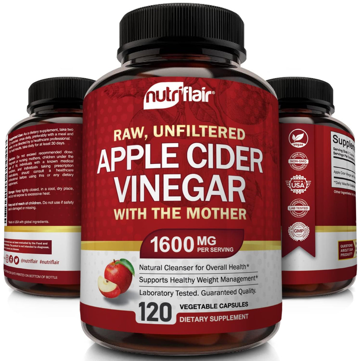 NutriFlair Apple Cider Vinegar Capsules with Mother 1600mg - 120 Capsules - image 3