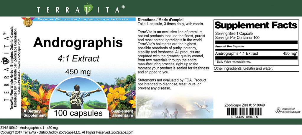 Terravita Andrographis 4:1 Extract 450 mg - 100 Capsules - image 2