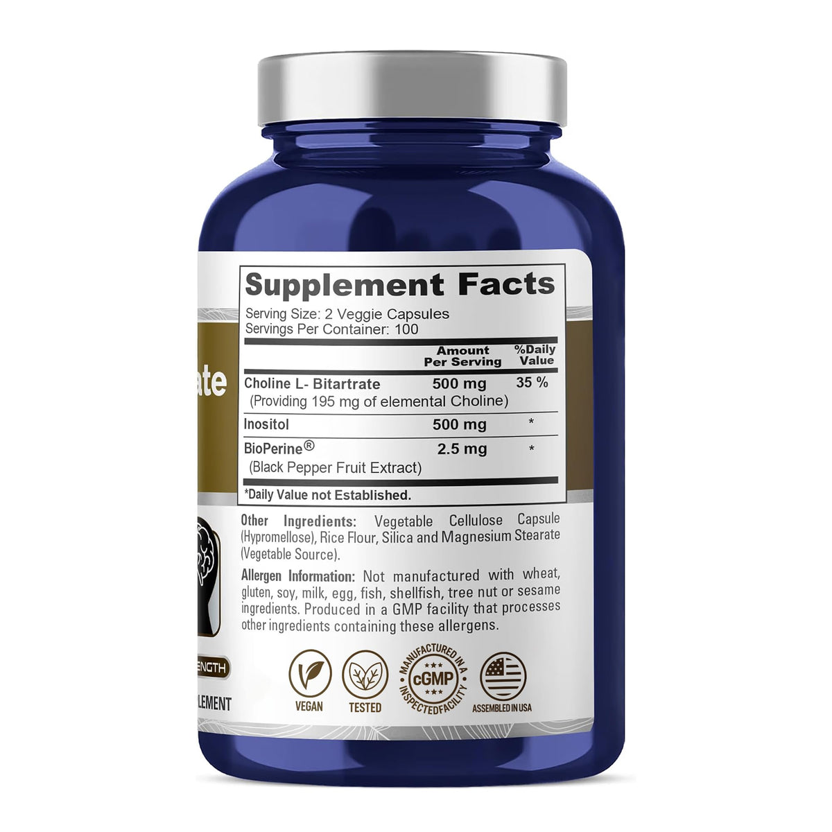 NusaPure Choline L-Bitartrate & Inositol 1000mg - 200 Vegetarian Capsules - image 3