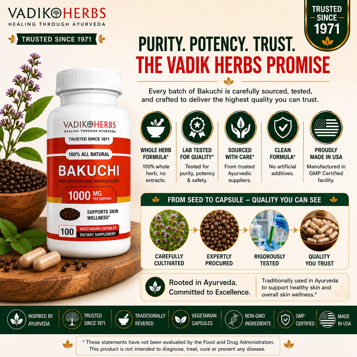Certified Organic Vadik Herbs Bakuchi Babchi (Psoralea corylifolia)