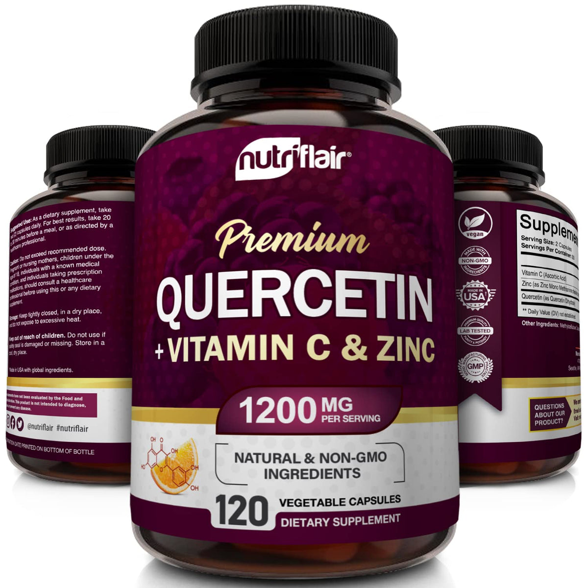 NutriFlair Quercetin 1200mg with Vitamin C and Zinc - 120 Capsules - image 3