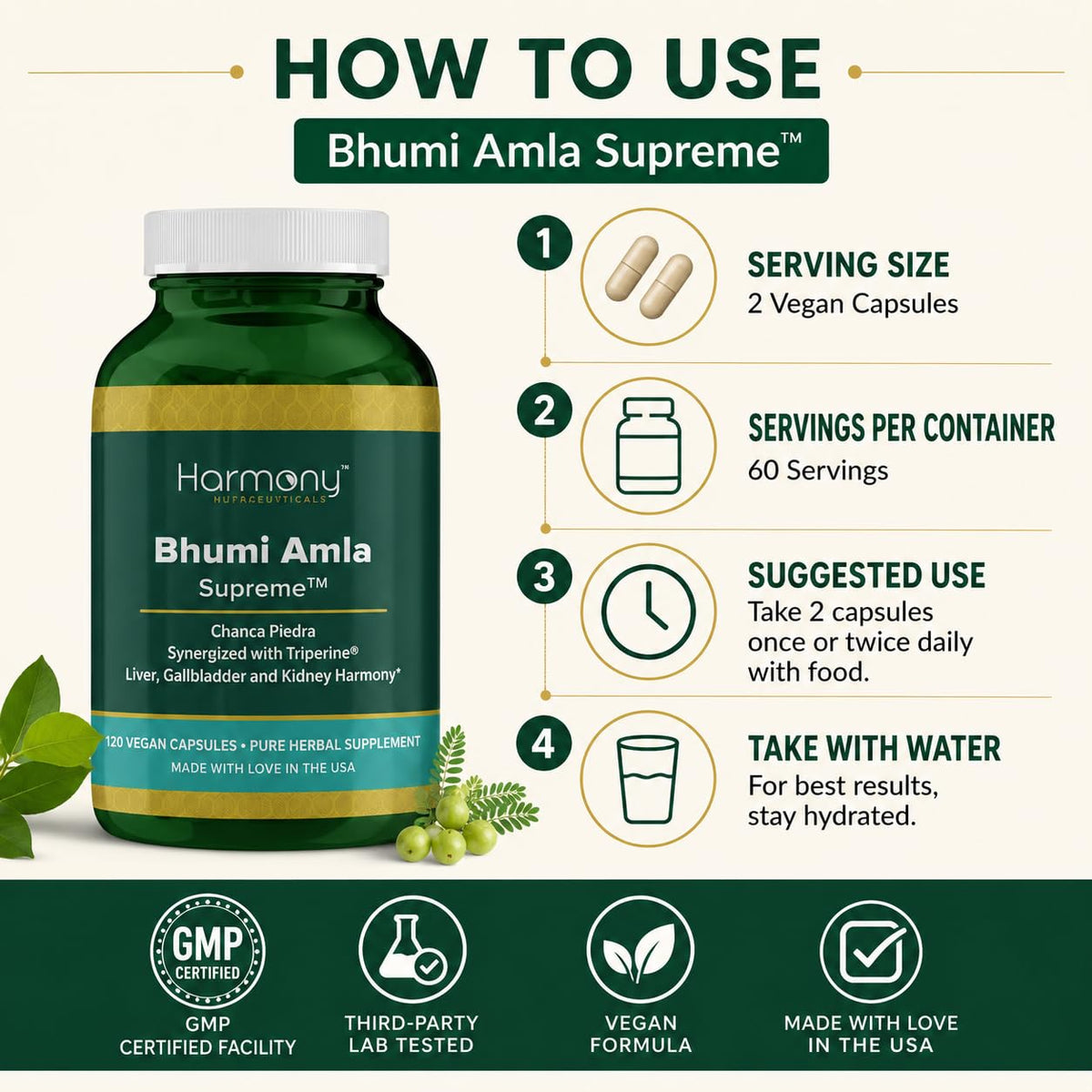 Harmony Nutraceuticals Bhumi Amla Supreme Phyllanthus Niruri - 120 Capsules - image 5