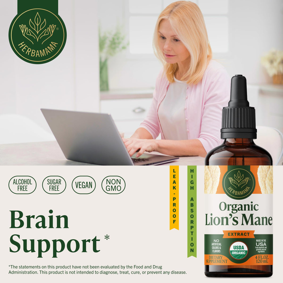 HERBAMAMA USDA Organic Lion's Mane Tincture Brain Supplement - 4 oz - image 2
