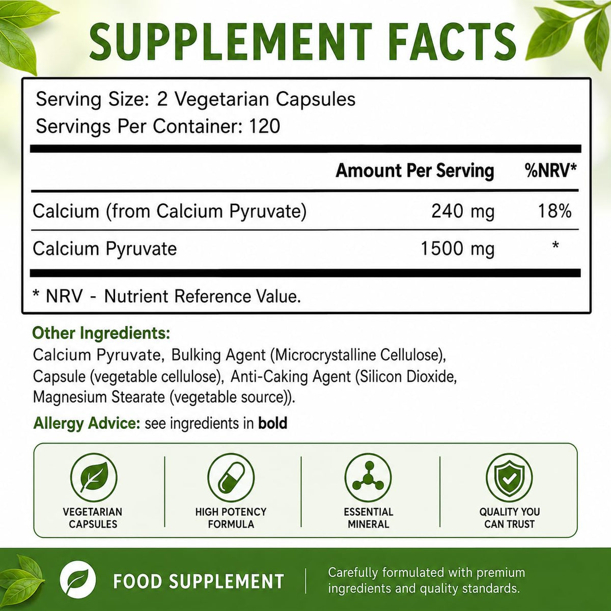 Brieofood Calcium Pyruvate 1500mg - 240 Vegetarian Capsules - image 3