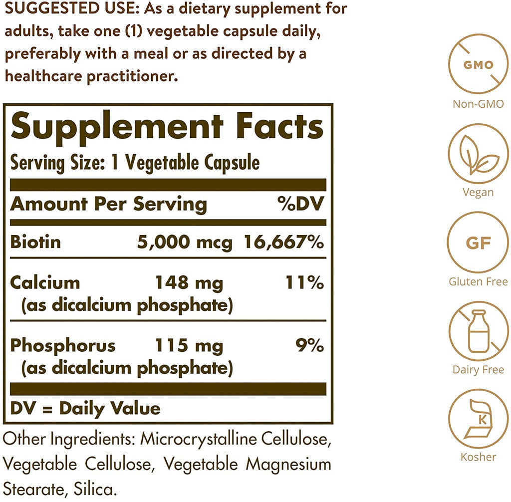 Solgar Biotin 5000 mcg for Hair, Skin & Nails - 180 Capsules - image 2