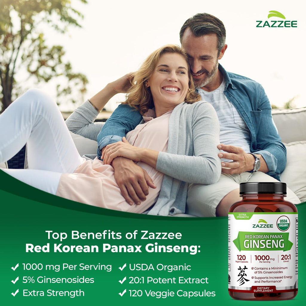 Zazzee USDA Organic Red Korean Panax Ginseng 20:1 Extract - 120 Capsules - image 4