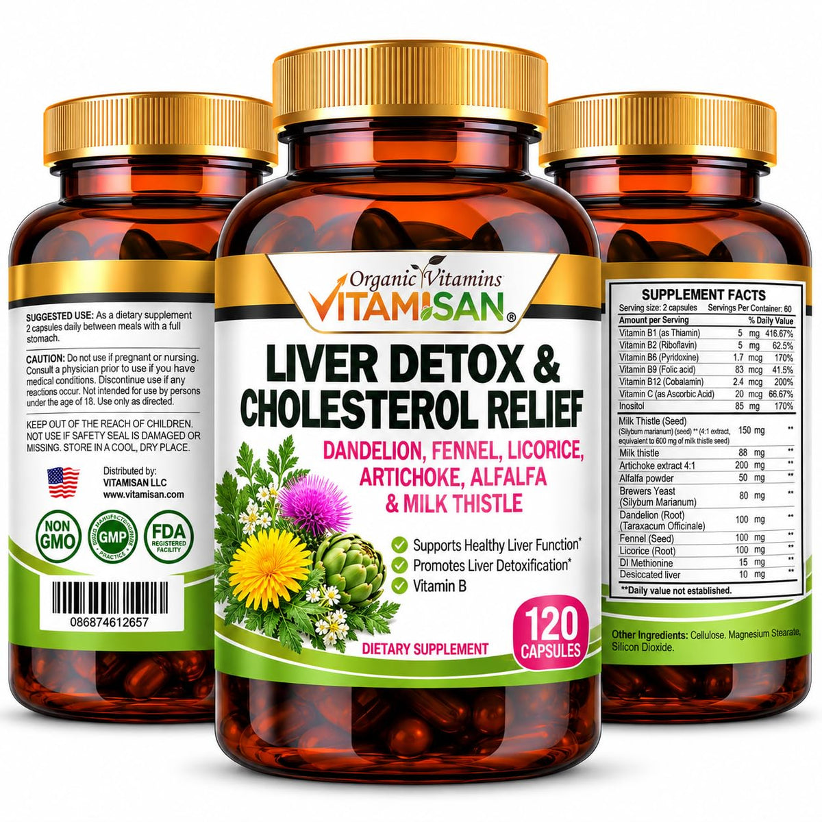 VITAMISAN Liver Cleanse Detox Supplement with Milk Thistle - 120 Capsules
