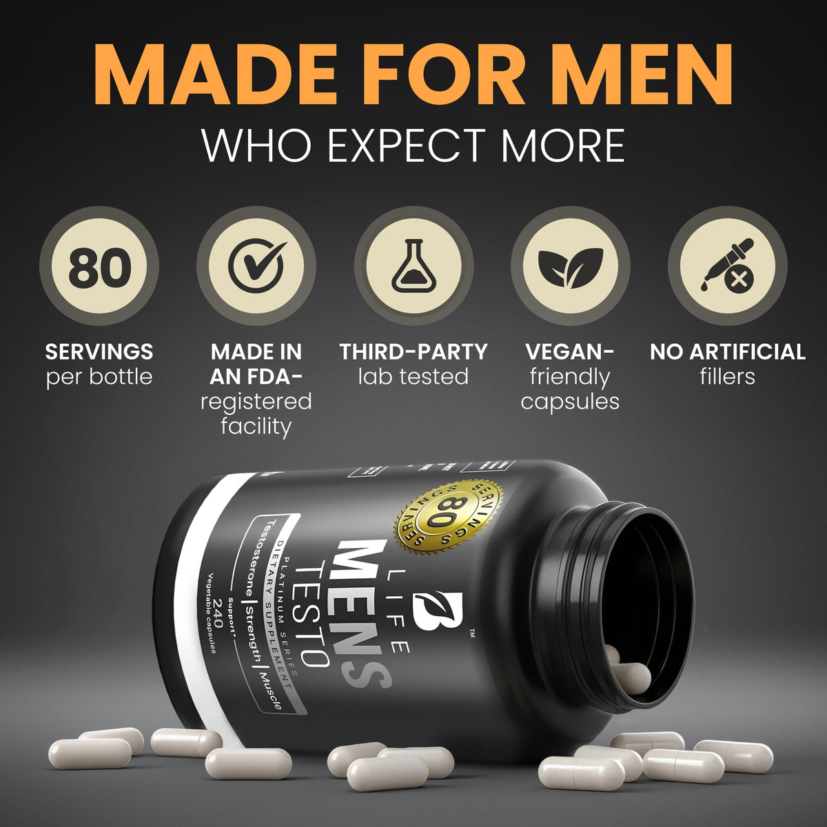 B Life Company Testosterone Booster for Men - 240 Capsules - image 5