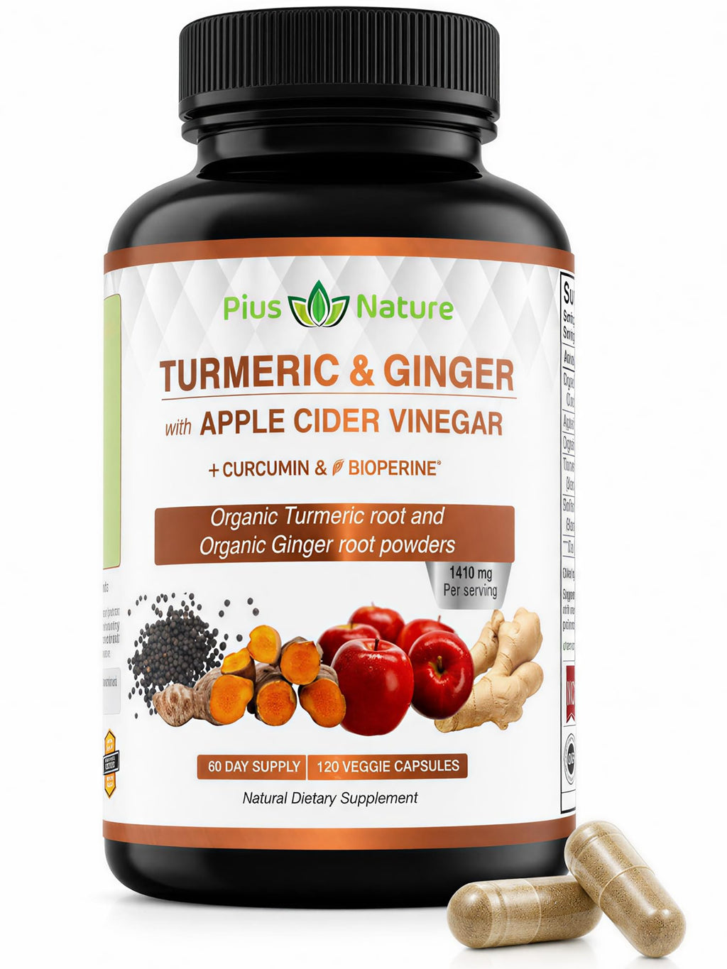PIUS NATURE Turmeric Ginger Apple Cider Vinegar - 120 Capsules