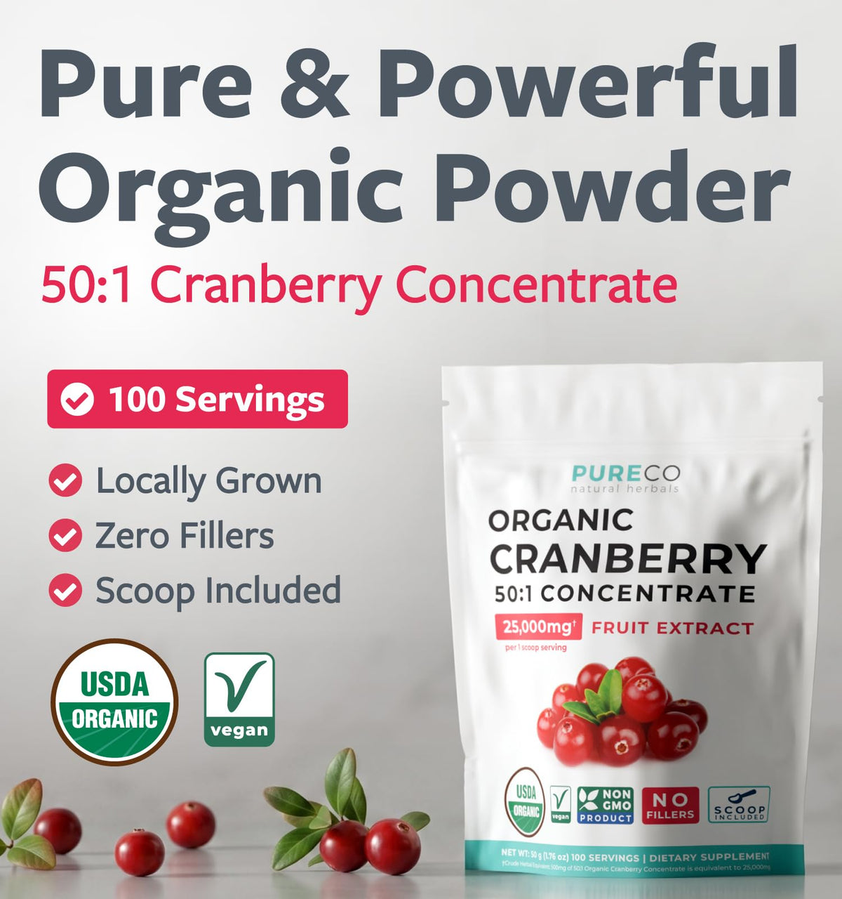 PURE CO Organic Cranberry Powder 50:1 Concentrate - 100 Servings - image 2