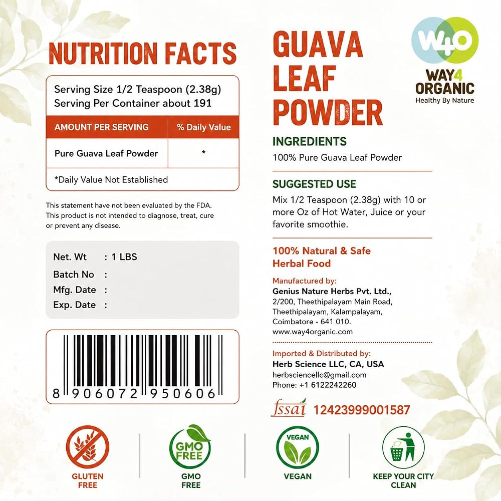 WAY 4 ORGANIC W4O Guava Leaf Powder (100% Natural & Pure)