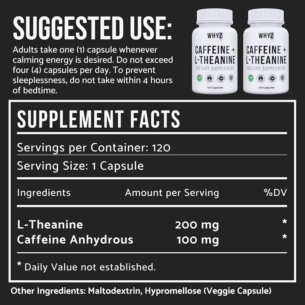 WHYZ Caffeine & L-Theanine Supplement for Energy & Focus - 120 Capsules - image 4
