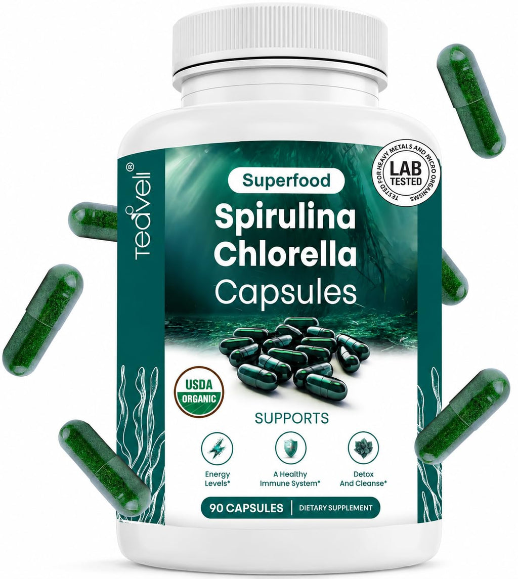 Teaveli Organic Spirulina and Chlorella Capsules - 90 Count