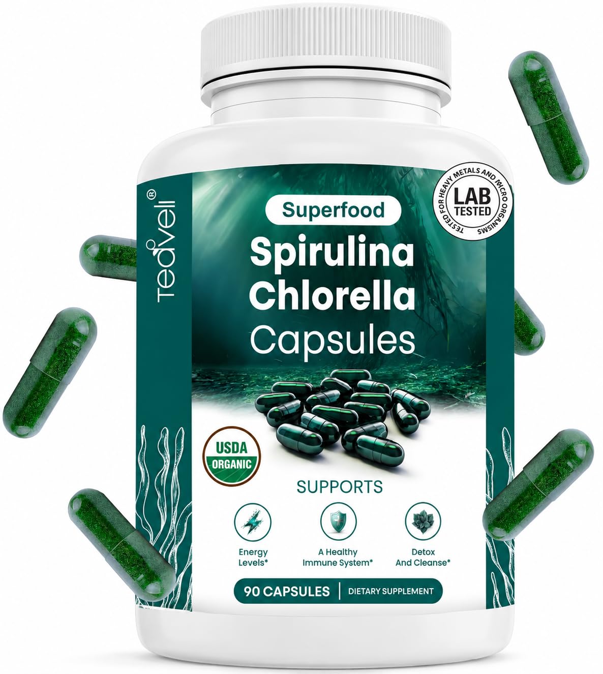Teaveli Organic Spirulina and Chlorella Capsules - 90 Count