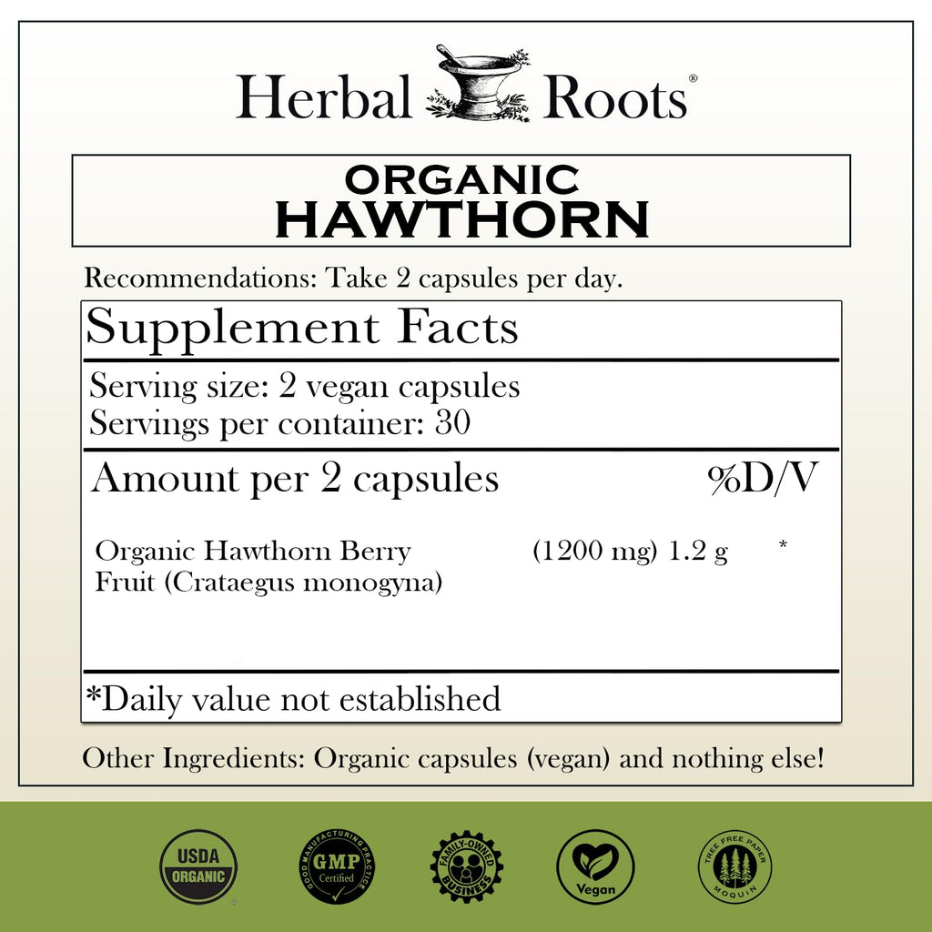 Herbal Roots Organic Hawthorn Berry Capsules 1,200mg - 60 Capsules - image 2