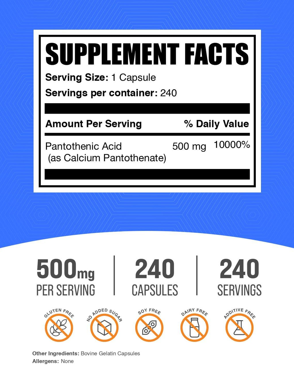 BulkSupplements Vitamin B5 Pantothenic Acid 500 mg - 240 Capsules - image 2