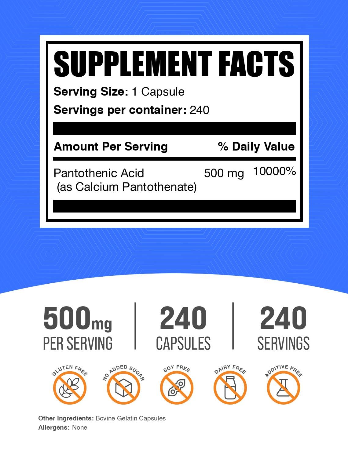 BulkSupplements Vitamin B5 Pantothenic Acid 500 mg - 240 Capsules - image 2