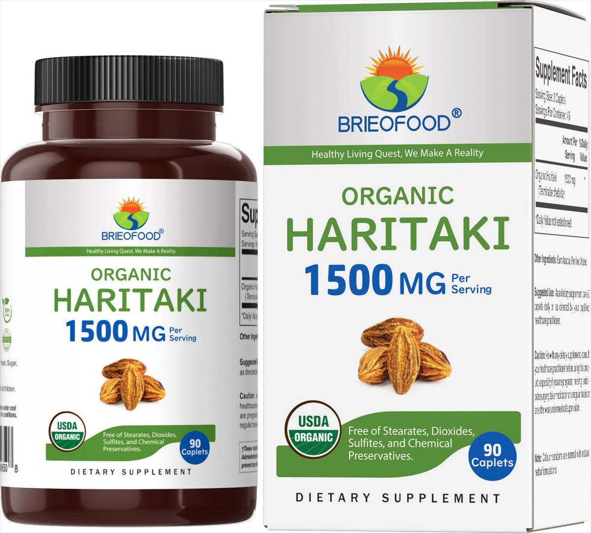 Brieofood Organic Haritaki 1500mg - 90 Vegetarian Tablets